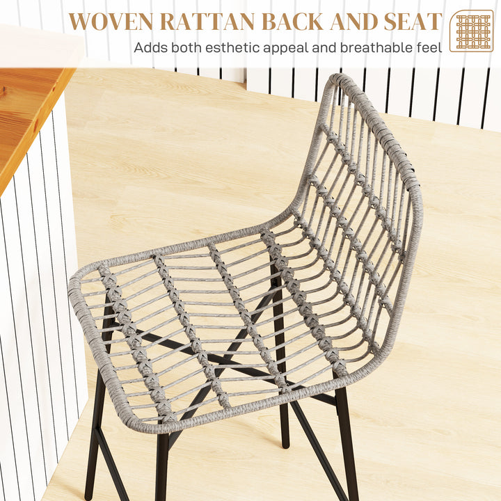 HOMCOM Rattan Counter Height Bar Stools Set of 2, 26" Counter Stools with Back, Modern Bar Chairs for Kitchen Island, Grey