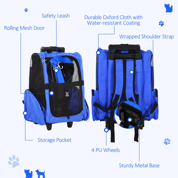 PawHut 2-IN-1 Pet Luggage Box Backpack Carrier Cats Dogs w/ Handle, Rolling Wheel Blue