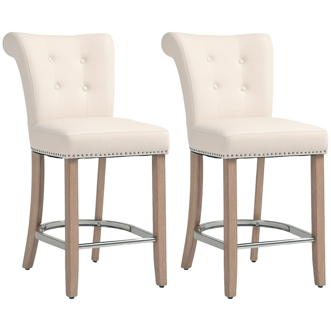 HOMCOM Bar Stools Set of 2, Upholstered Counter Height Stools with Button Tufted Back, Wood Legs and Footrest, Grey