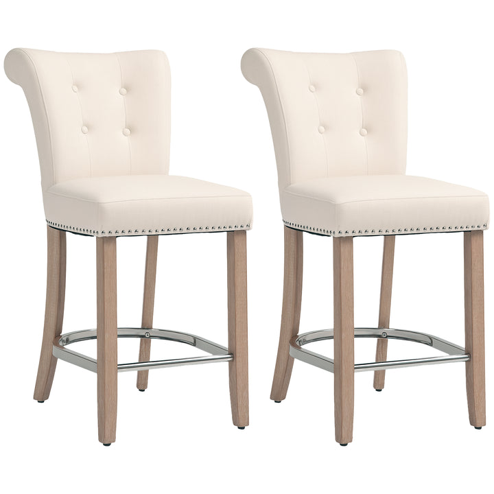 HOMCOM Bar Stools Set of 2, Upholstered Counter Height Stools with Button Tufted Back, Wood Legs and Footrest, Grey