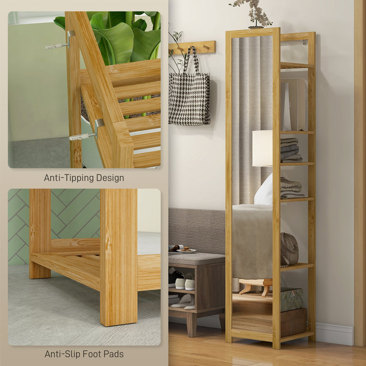 HOMCOM 66" x 14" Standing Mirror with 6-Tier Shelf, Floor Mirror Full Body Mirror for Bathroom, Living Room, Nature Wood
