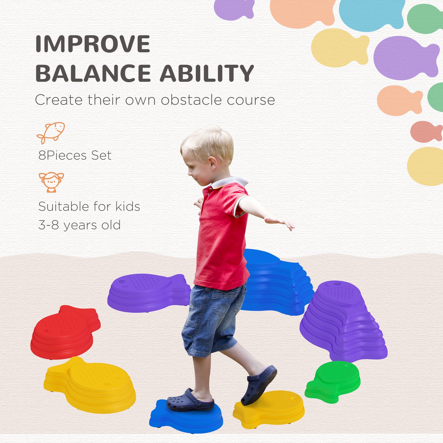 Outsunny 11PCs Larger Size Balance Stepping Stones for Kids with Non-slip Bottom, Stackable Obstacle Course Outdoor Indoor, Play River Rocks with Starfish Style
