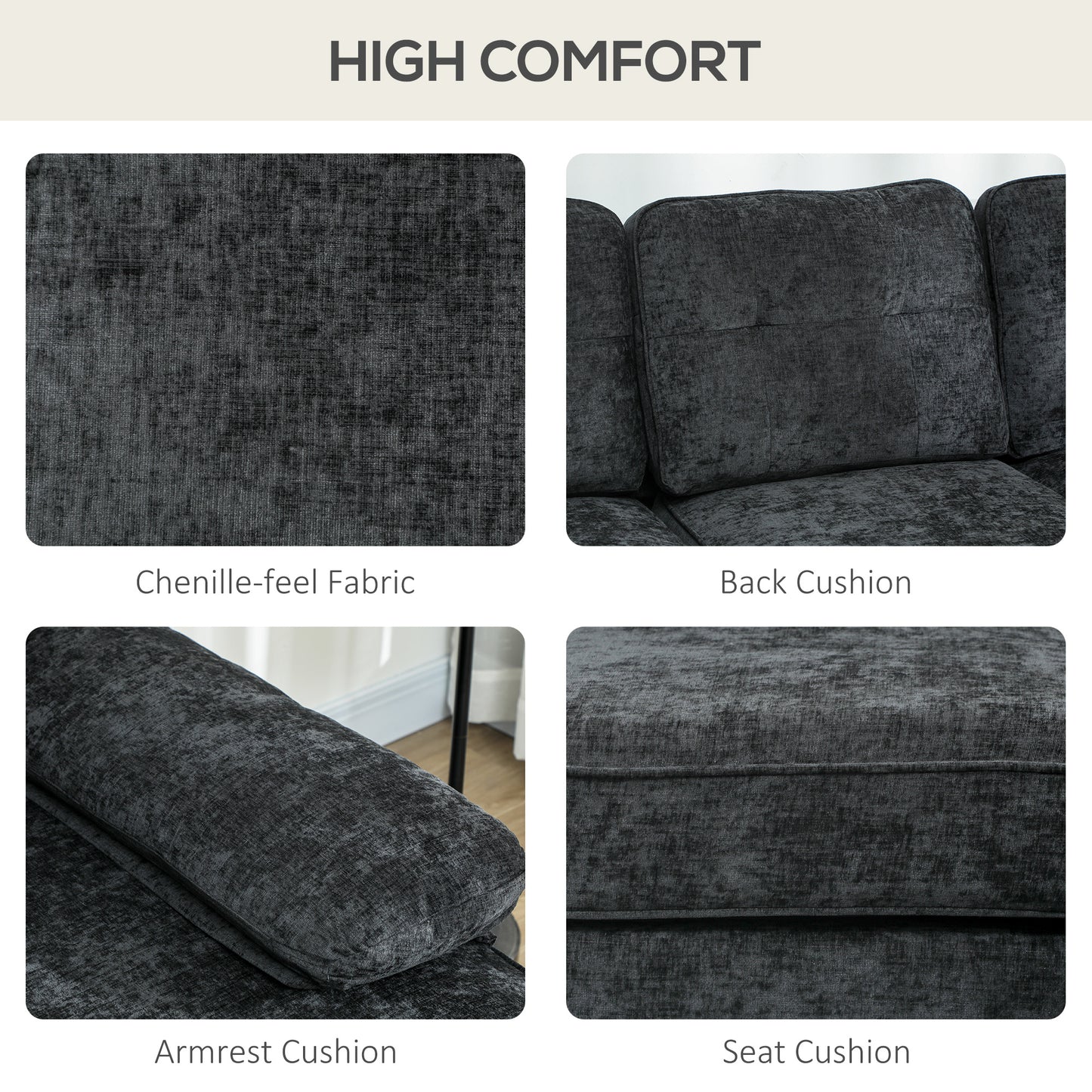 HOMCOM Modern Corner Couch with Right Chaise Lounge, Tufted 3-Seater Sofa with Wooden Legs for Living Room, Black