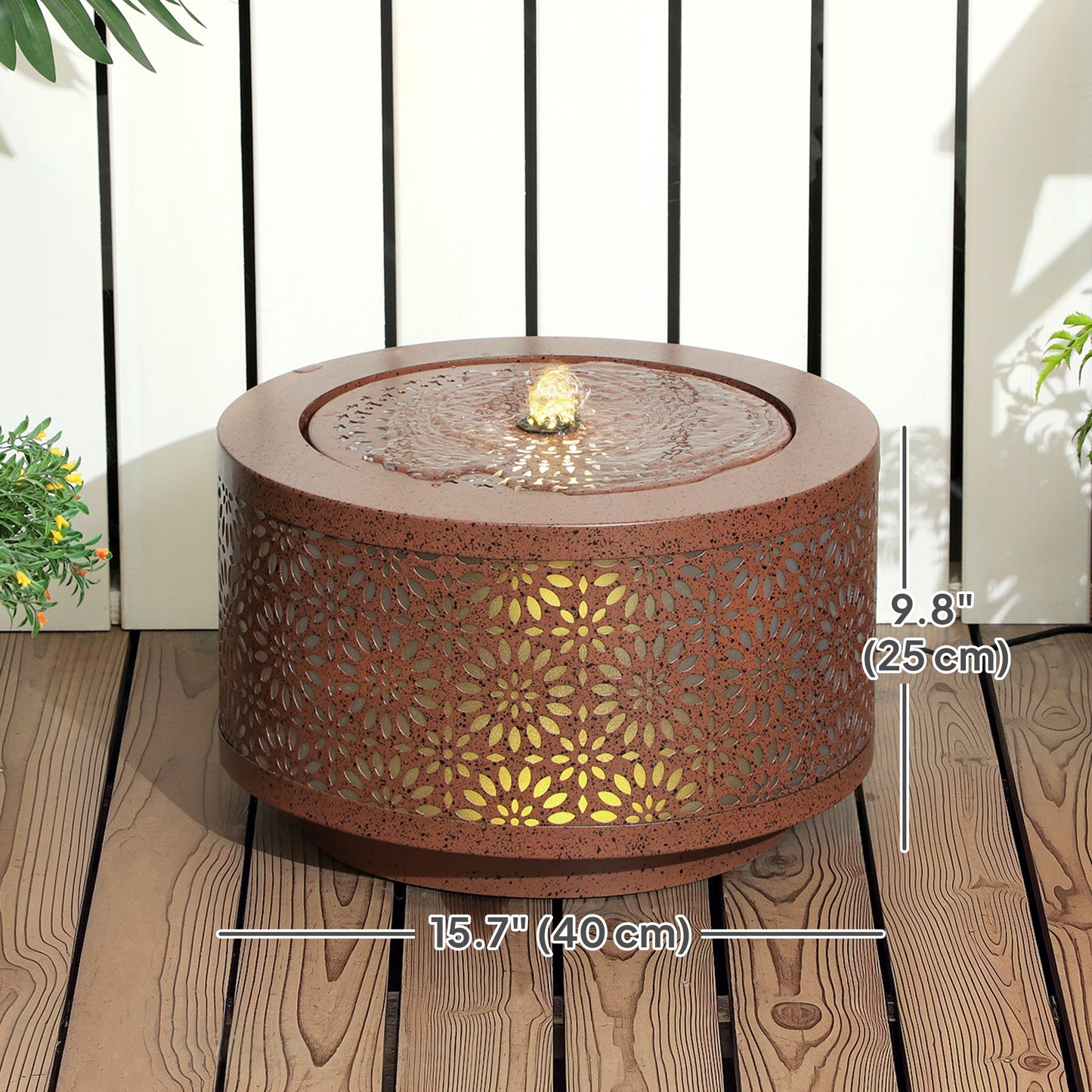 Outsunny Outdoor Water Fountain with LED Lights, 10" Tall Garden Waterfall Fountain with Adjustable Flow, Brown