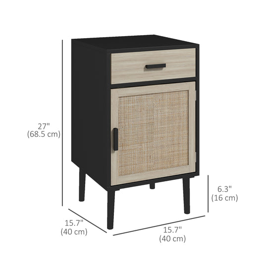 HOMCOM Boho Bedside Tables Set of 2, Nightstands with Drawer, Rattan Cabinet, Adjustable Shelf for Bedroom, Living Room, Black