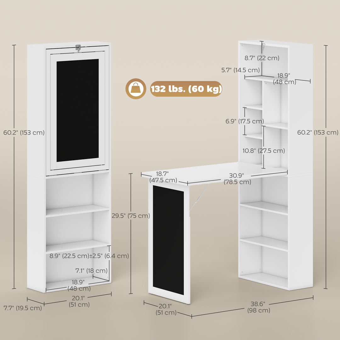 HOMCOM Fold-out Convertible Office Desk, Wall Mount Computer Desk with Blackboard and Side Shelf, White