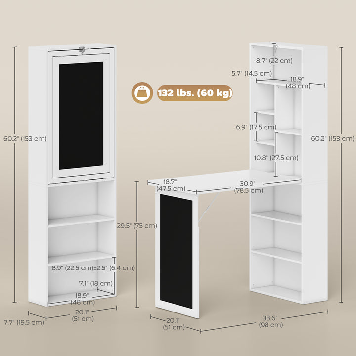 HOMCOM Fold-out Convertible Office Desk, Wall Mount Computer Desk with Blackboard and Side Shelf, White