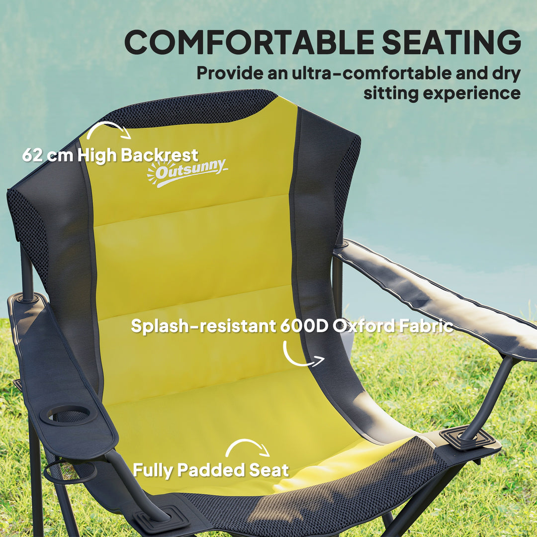 Outsunny 2 Pack Folding Camping Chairs, High Back Folding Chairs w/ Cup Holder, Padded Camping Chairs for Outdoor Events, Yellow