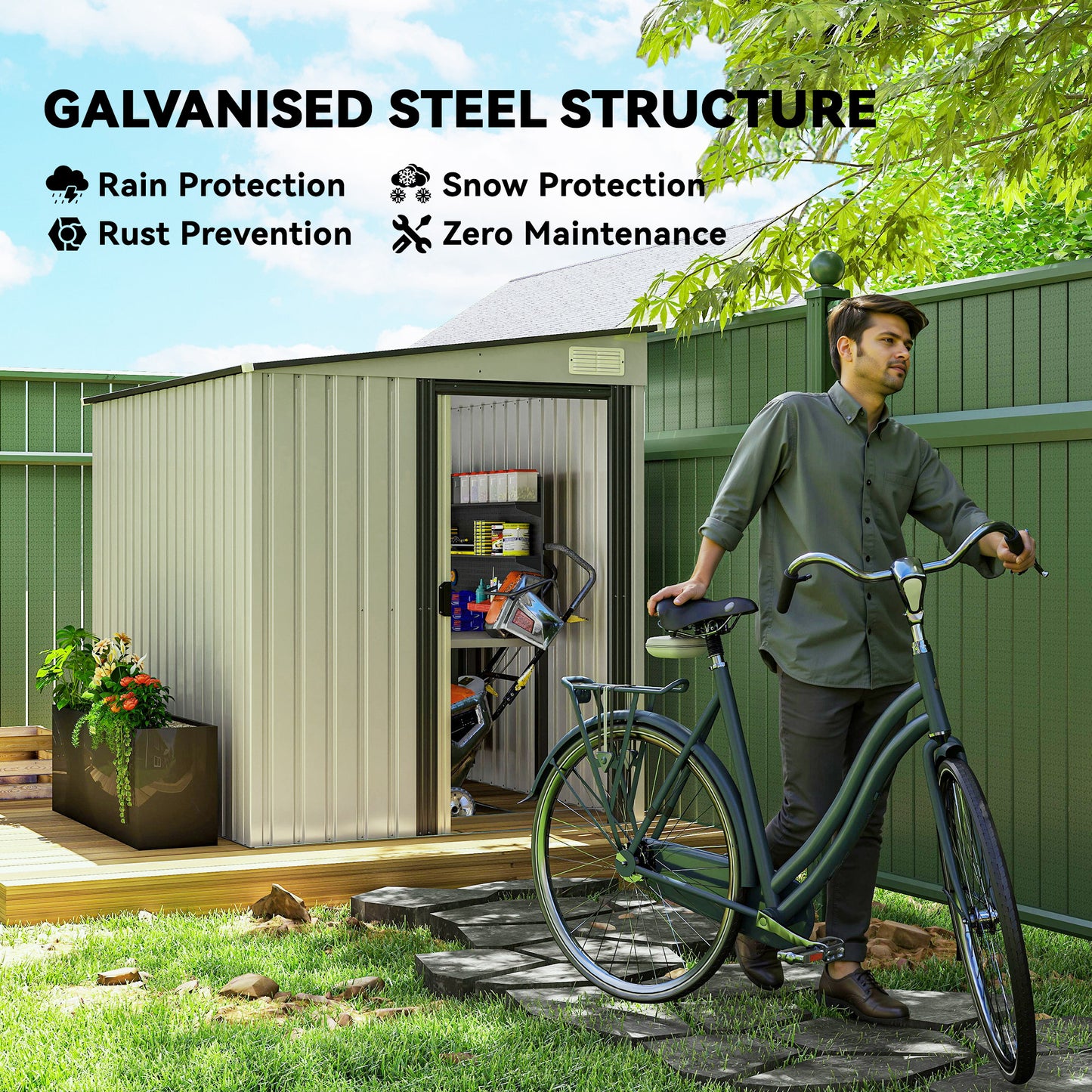 Outsunny 5'x7' Lean to Galvanized Metal Shed with Foundation, Garden Tool Storage House with Sliding Door and 2 Vents, White