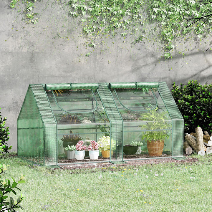 Outsunny 6' x 3' x 3' Portable Mini Greenhouse, Garden Green House Kit with 2 PE/Plastic Covers, Steel Frame and 2 Roll Up Zipper Windows, Dark Green