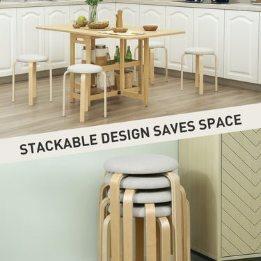 HOMCOM Stackable Wood Stools Set of 4, Stacking Kitchen Stools with Padded Seat for Dining Room, Living Room, Cream White