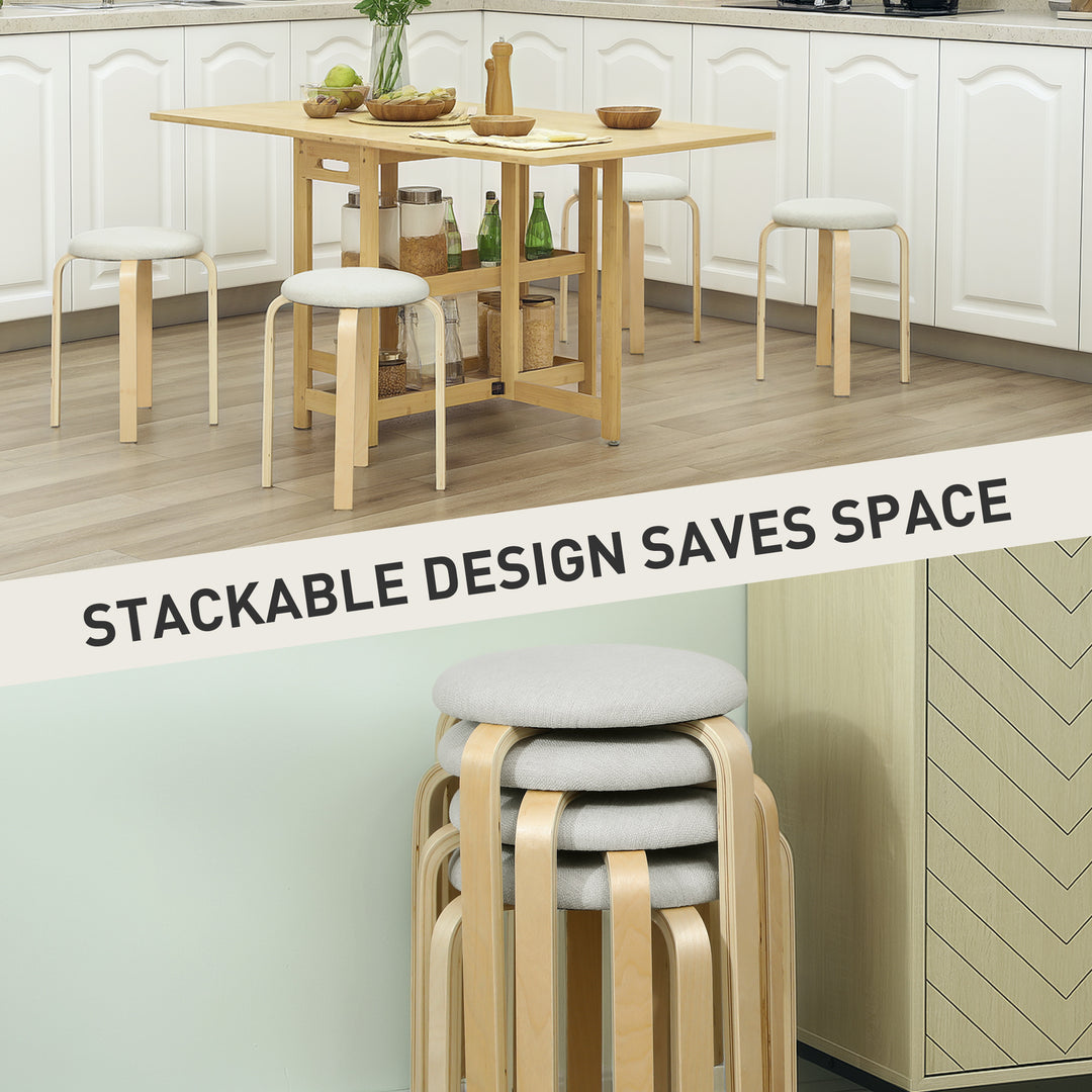 HOMCOM Stackable Wood Stools Set of 4, Stacking Kitchen Stools with Padded Seat for Dining Room, Living Room, Cream White