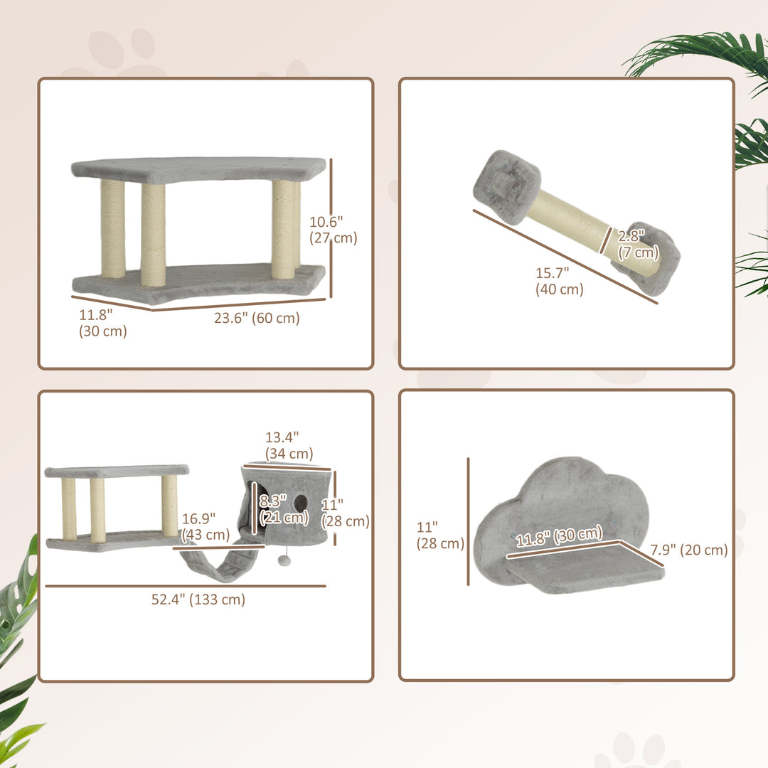 PawHut Wall Mounted Cat Shelves with Scratching Post, Ladder, Condo, Jumping Platforms, Light Grey