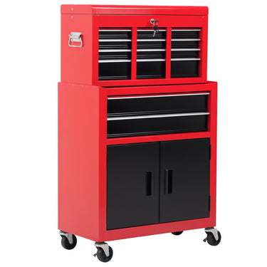HOMCOM 6-Drawer Rolling Tool Chest, 2 in 1 Lockable Storage Cabinet with Hooks, Metal Tool Box for Garage, Workshop, Red
