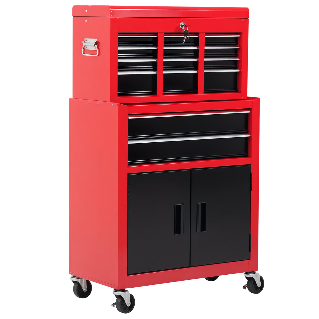 HOMCOM 6-Drawer Rolling Tool Chest, 2 in 1 Lockable Storage Cabinet with Hooks, Metal Tool Box for Garage, Workshop, Red