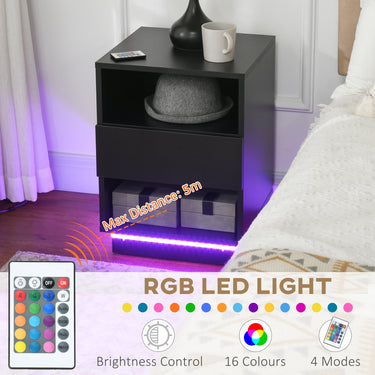 HOMCOM LED Nightstand, Bedside Table with LED Lights, Drawer, 2 Shelves, Remote, Side Table for Living Room, Bedroom