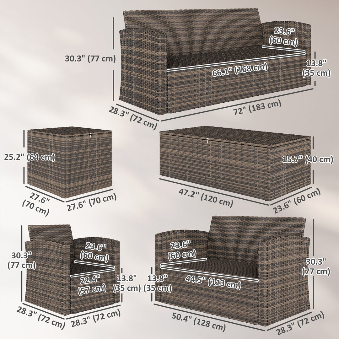Outsunny 6 Pieces Wicker Patio Furniture Set with Cushions, 7-Seater Rattan Patio Sofa Set with Storage Table, Orange