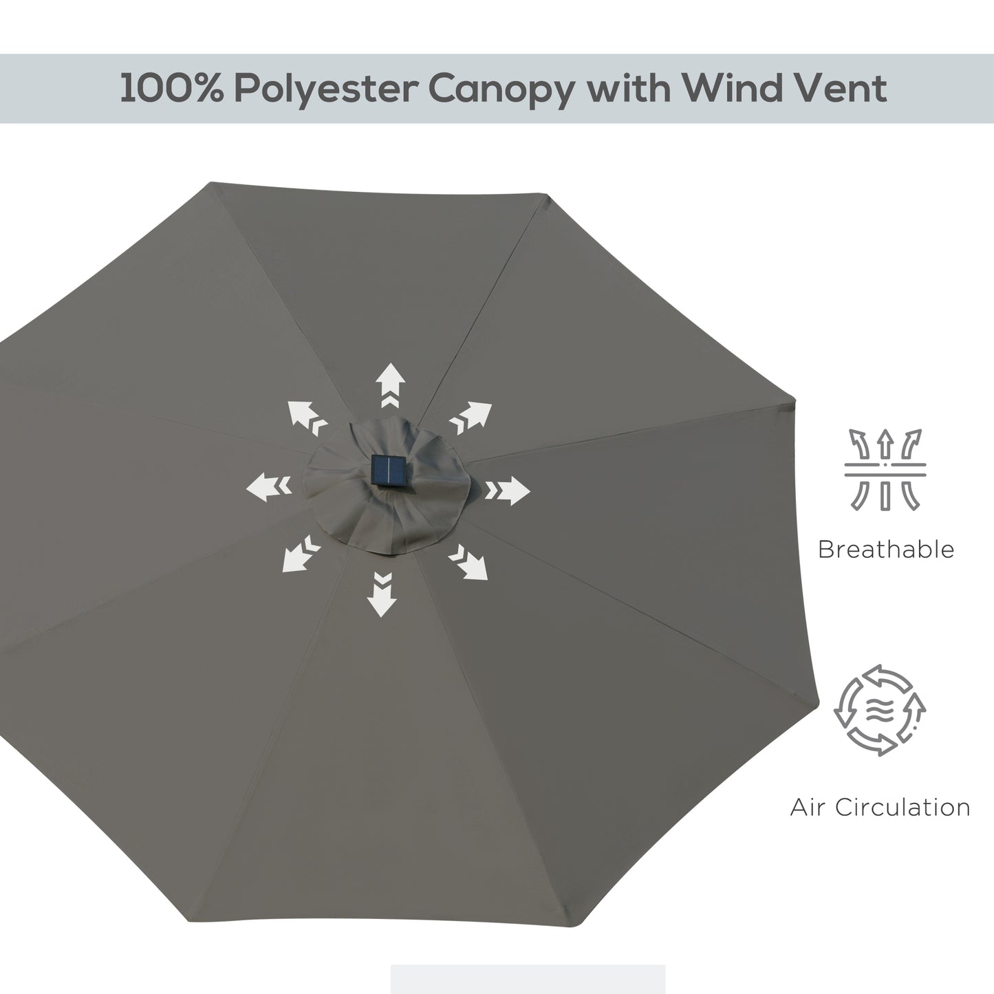 Outsunny 9ft Solar Patio Umbrella Outdoor Sunshade 24 LED Lights Tilt Canopy, Charcoal Grey