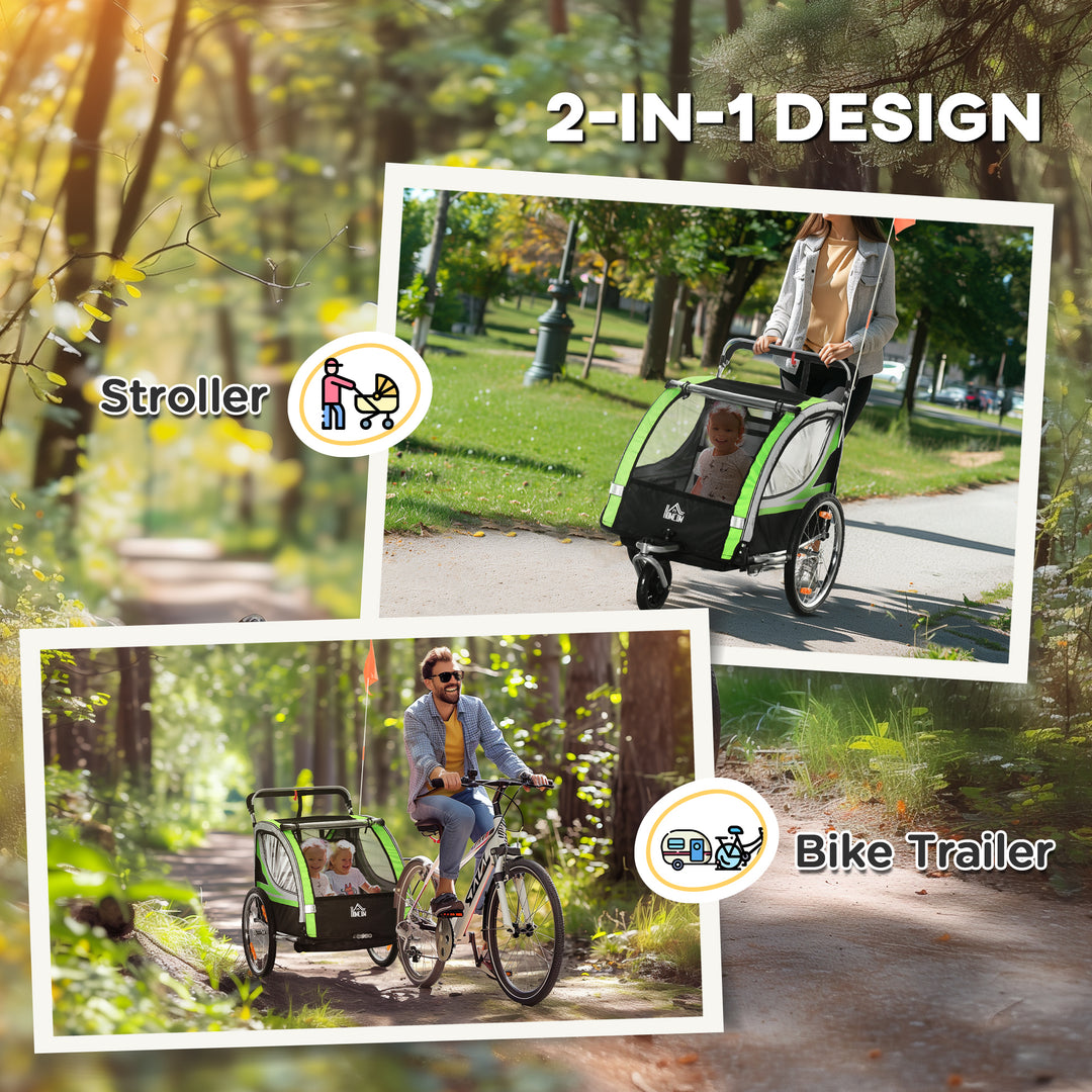 Aosom 2 Seat Bike Trailer for Kids 2-in-1 Double Baby Jogging Stroller with Handbrake, Rubber Wheels, 5 Point Harness, Waterproof Cover, Storage Bag, Reflectors, Green