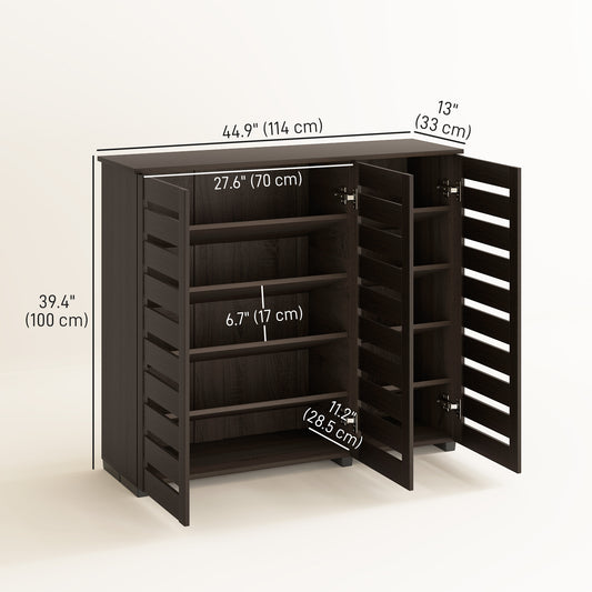 HOMCOM Narrow Shoe Cabinet with Slatted Doors, Adjustable Shelves for 20 Pairs of Shoes, Shoe Cabinet for Entryway, Dark Brown