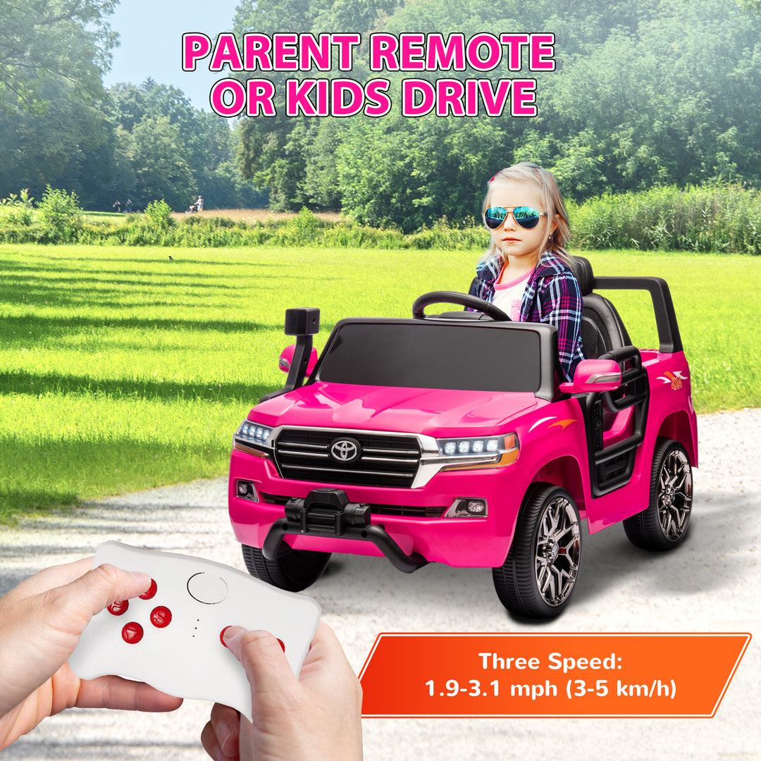 Qaba 12V Toyota LAND CRUISER Licensed Kids Car w Remote Control, Four Wheel Spring Suspension, Soft Start, LED Light, Pink
