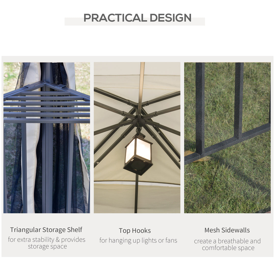 Outsunny 10'x10' Soft-top Patio Gazebo with Double Tier Roof, Mesh Curtains, Display Shelves, Top Hooks, Coffee