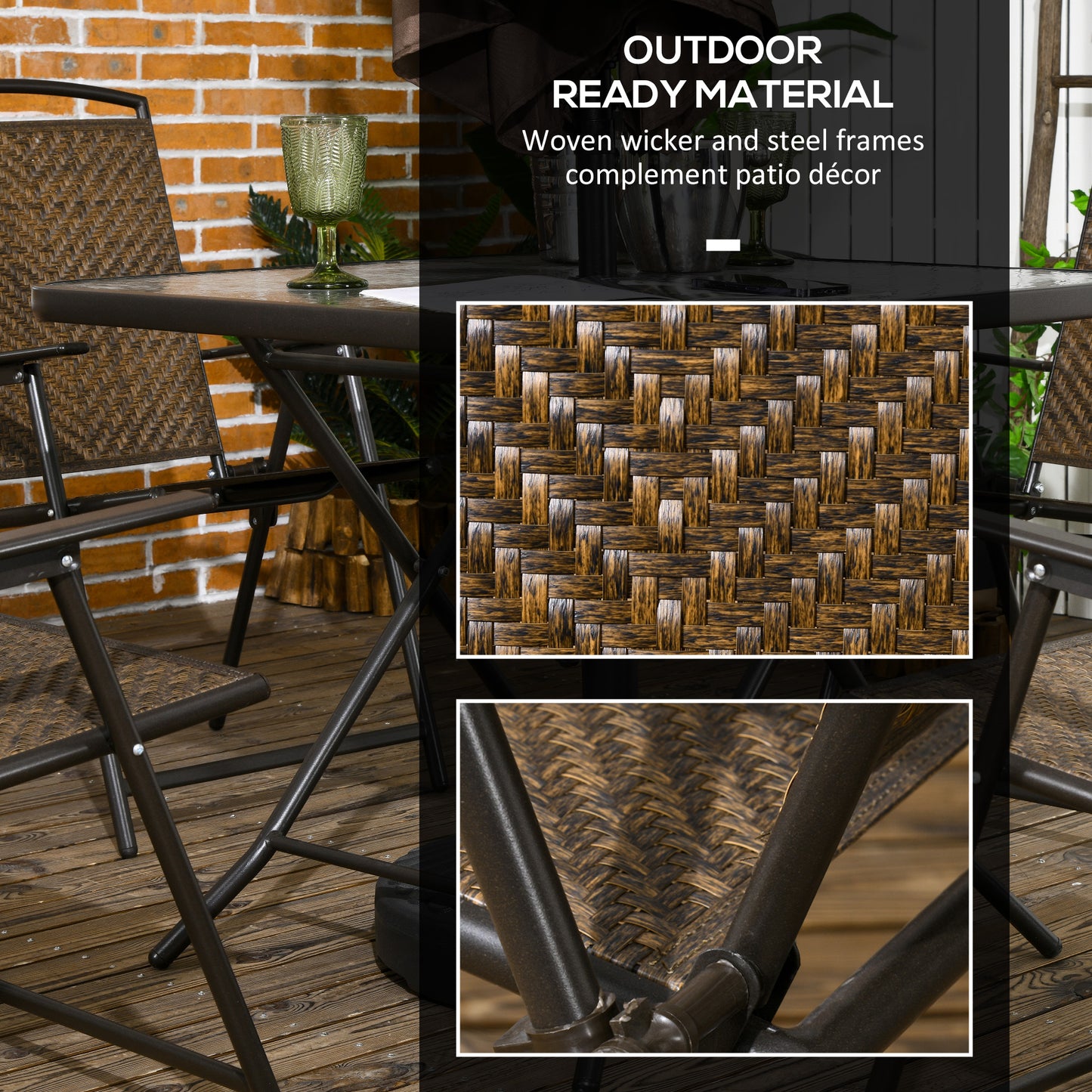 Outsunny 5 Pieces Folding Rattan Patio Table and Chairs for 4 with Umbrella Hole, Tempered Glass Top, Dark Brown