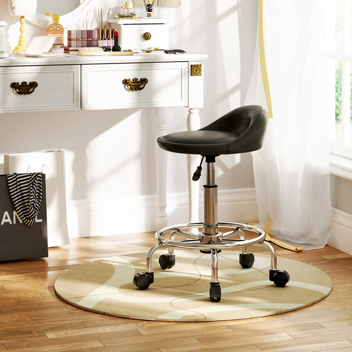 HOMCOM PU Leather Rolling Stool, Height Adjustable Swivel Salon Chair with Backrest and Foot Rest for Spa, Tattoo, Black