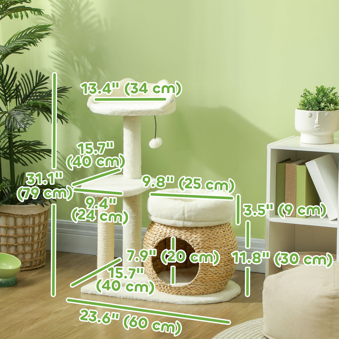 PawHut 31" Cat Tree Tower with Scratching Posts, Cat Condo, Beds, Platform, Toy Ball, for Indoor Cats, Cream White