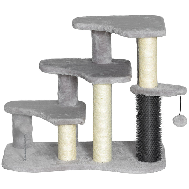 PawHut 2 in 1 Cat Tree 3 Steps Pet Stairs with Scratching Posts, Tickling Post, Toy Balls, for Bed, Couch, Sofa, Light Grey