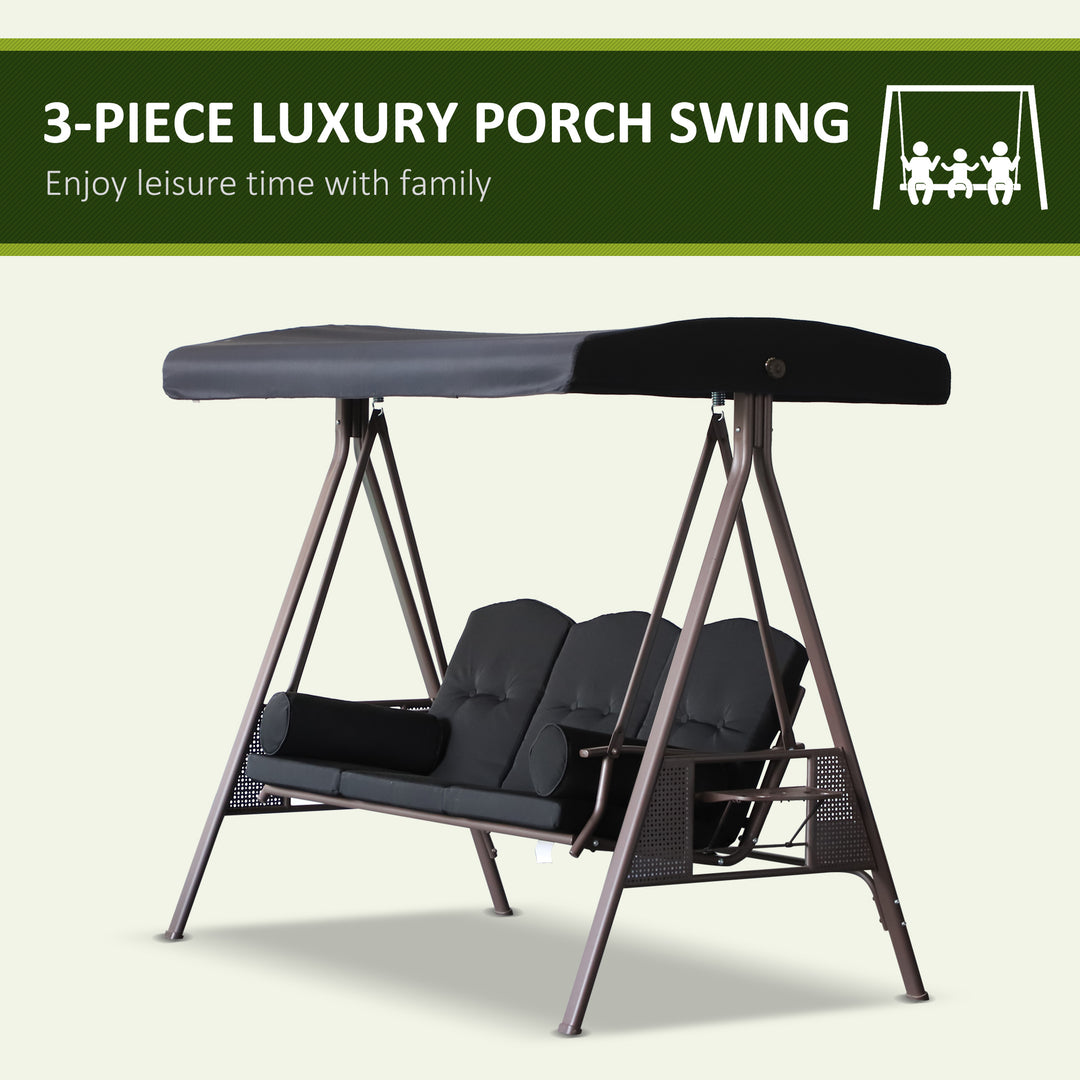 Outsunny Outdoor Patio 3-Person Steel Canopy Cushioned Seat Bench Swing with Included Side Trays & Padded Comfort, Black