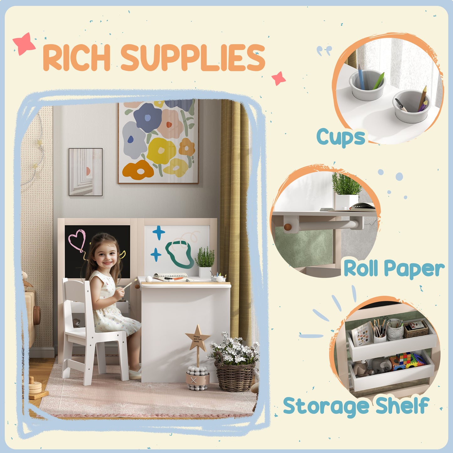 Qaba 3 in 1 Kids Table and Chair Set with Foldable Easel, Storage Shelves, Roll Paper, White