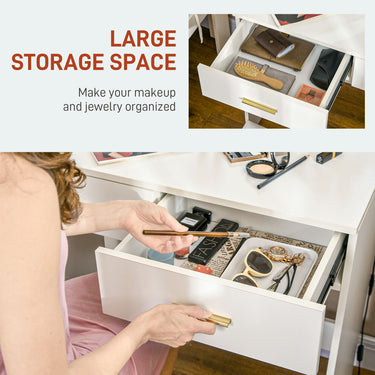 HOMCOM Makeup Vanity Table Set with Stool, Dressing Table with LED Lighting Mirror, Drawers, for Bedroom, White