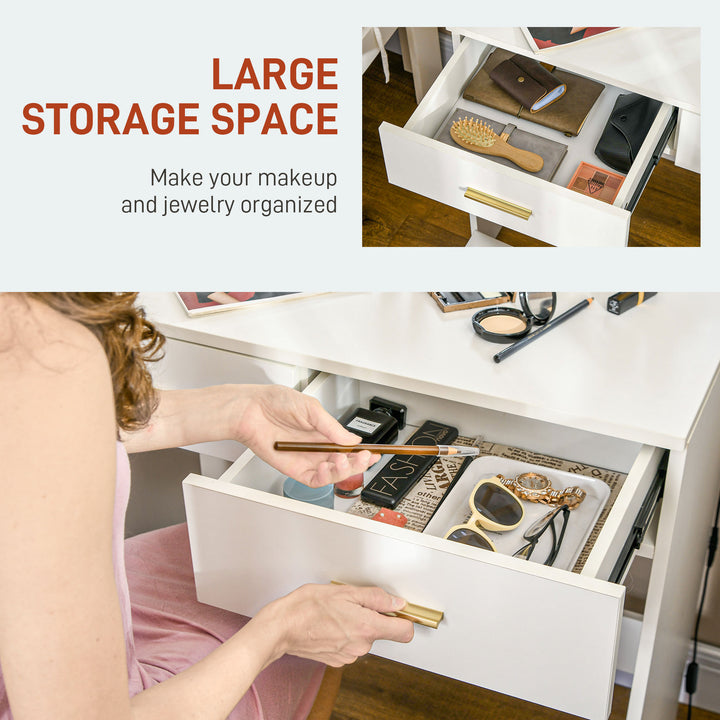 HOMCOM Makeup Vanity Table Set with Stool, Dressing Table with LED Lighting Mirror, Drawers, for Bedroom, White