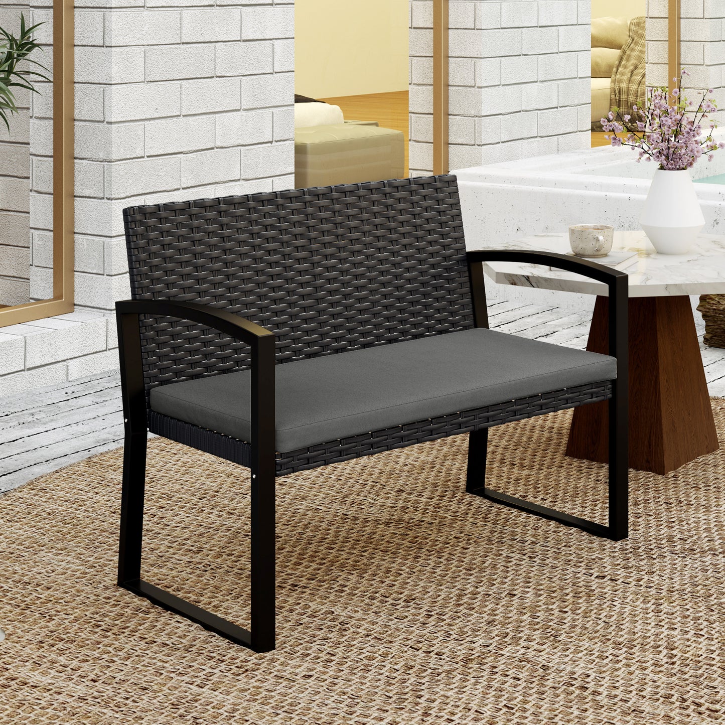 Outsunny 2 Seater Outdoor Bench, Rattan Garden Bench Loveseat with Cushion, Armrests, Steel Frame for Patio, Porch, Light Grey