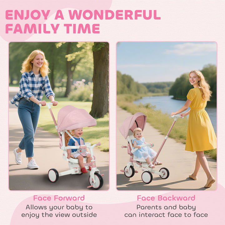Qaba 7 in 1 Toddler Tricycle with Safety Harness, Adjustable & Removable Parent Handle, Canopy, Storage Bag, Brake, Pink