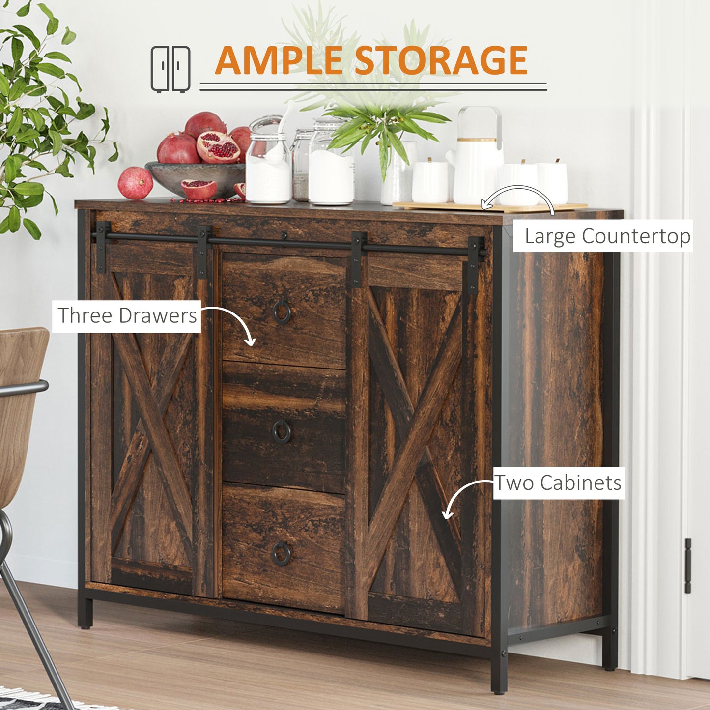 HOMCOM Industrial Sideboard Buffet Storage Cabinet Cupboard with 2 Doors, 3 Drawers and Shelves for Dining Room, Living Room, Brown