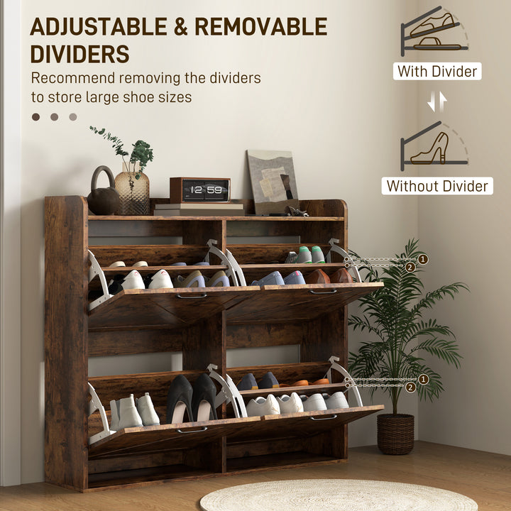 HOMCOM Narrow Shoe Storage Cabinet with 4 Flip Drawers, Adjustable Shelves, 16 Pair Farmhouse Shoe Cabinet, Rustic Brown