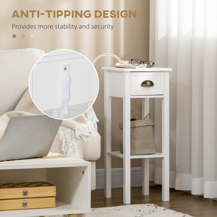 HOMCOM 2 Tier Side Table, Set of 2, Narrow Tall End Table with Drawer and Shelf, Slim Wooden Nightstand for Living Room, Bedroom, Hallway, White