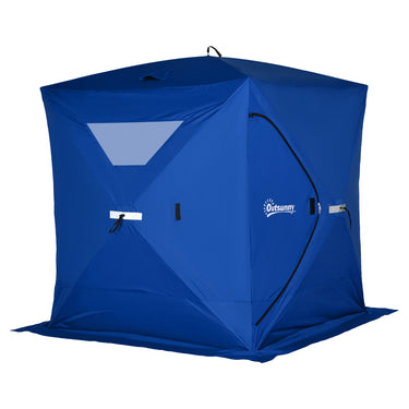 Outsunny 2-4 Person Pop-up Ice Fishing Tent Portable Ice Fishing Shelter with Windproof Windows and Carrying Bag Hub Fish Shelter, Blue