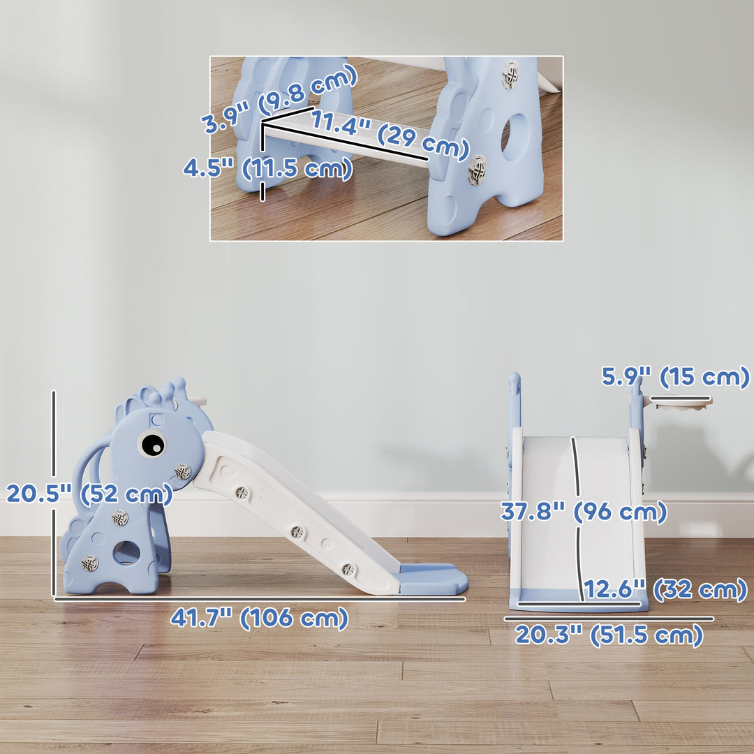 Qaba 3 in 1 Toddler Slide for Age 1-3, Kids Slide with Climber, Basketball Hoop and Ball, Giraffe Design, Blue