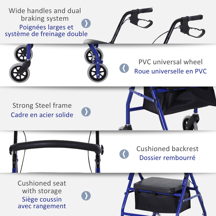 HOMCOM Folding Aluminum Rollator Walker with Adjustable Handle Height, Cushioned Flip Up Seat and Convenient Storage Bag, Rolling Wheels with 2 Barker, Blue