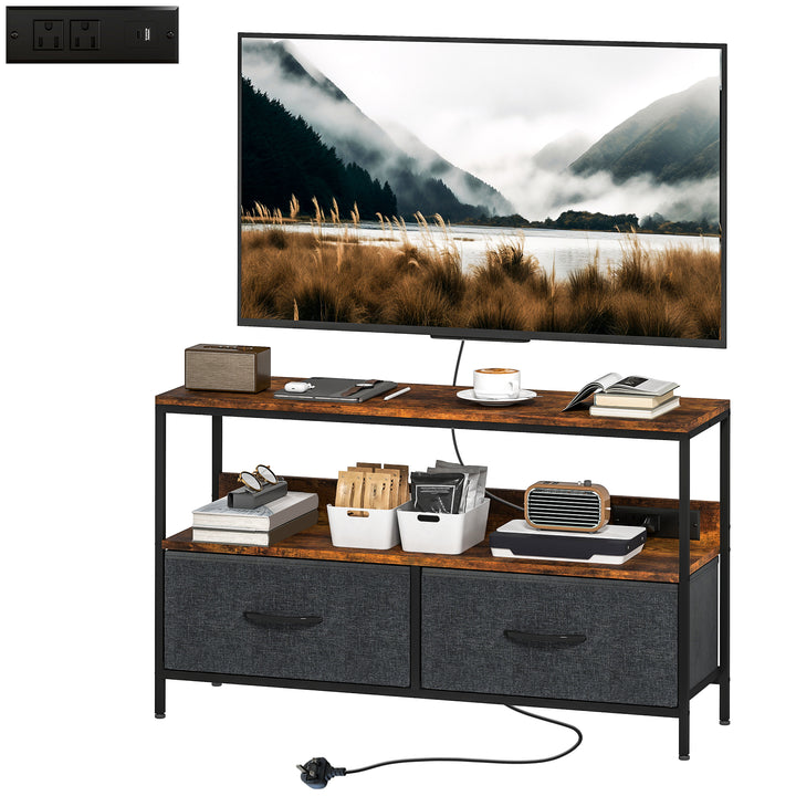 HOMCOM TV Stand with Charging Station, TV Table with 2 Foldable Linen Drawers and Open Shelf for 47 Inch TV, Rustic Brown