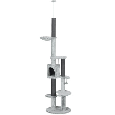 PawHut 89"-100" Floor to Ceiling Cat Tree w/ Hammock, Scratching Posts, Condo, Perches, Toy Ball, Anti-tip Kit, Grey