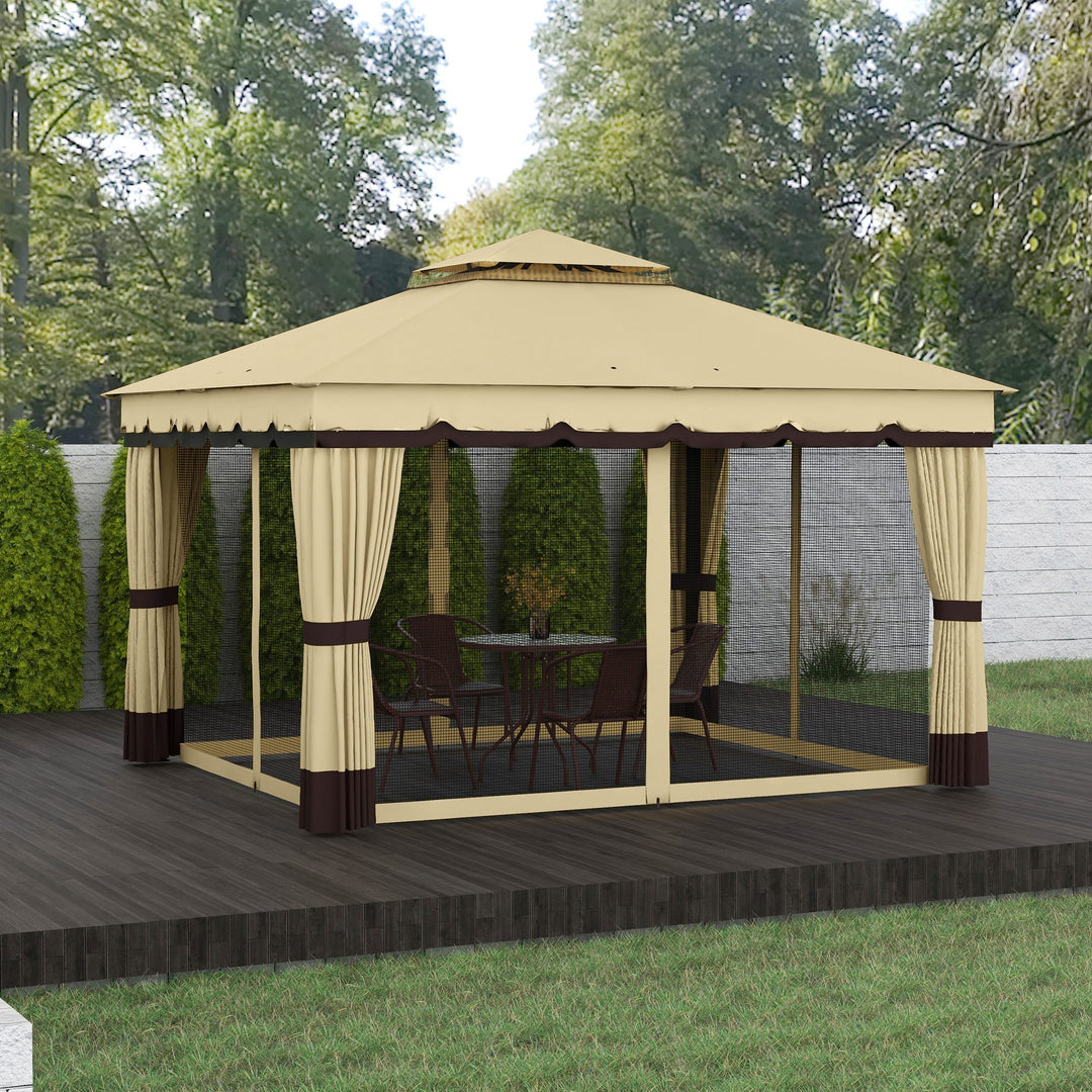 Outsunny 10' x 12' Double Roof Patio Gazebo Canopy, Outdoor Gazebo Shelter with Netting & Curtains, for Garden, Lawn and Deck