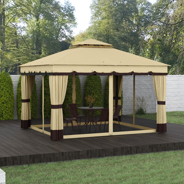 Outsunny 10' x 12' Double Roof Patio Gazebo Canopy, Outdoor Gazebo Shelter with Netting & Curtains, for Garden, Lawn and Deck