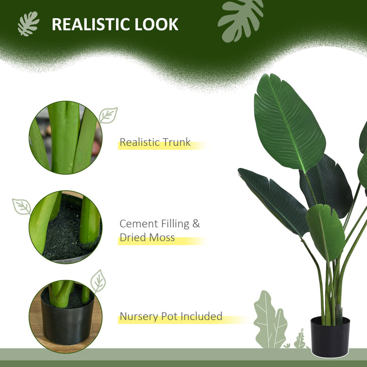 Outsunny 4FT Artificial Bird of Paradise Plant, Fake Tropical Palm Plant with 7 Banana Leaves in Pot, Faux Plant for Indoor , Green