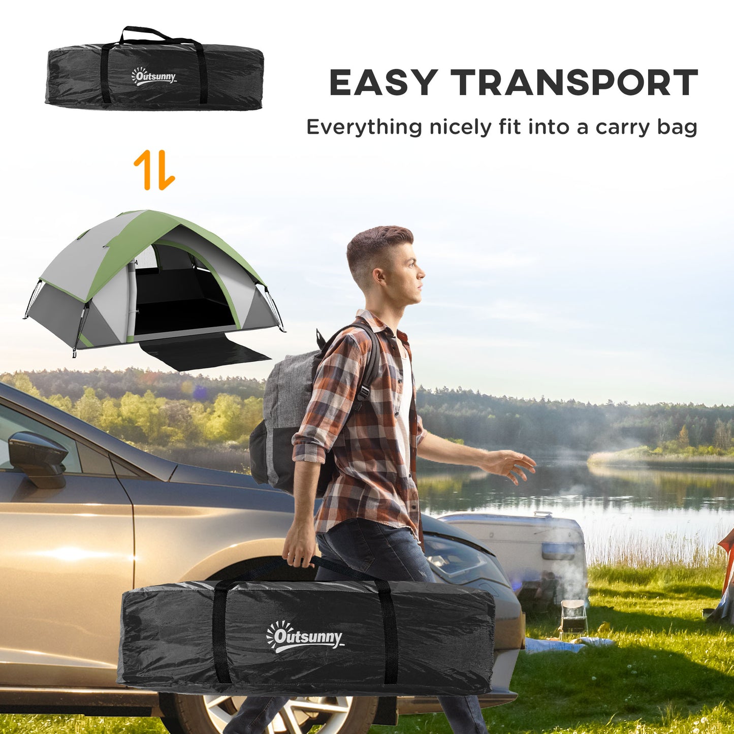 Outsunny 3000mm Waterproof Camping Tent for 2 Man, with Sewn-in Groundsheet and Carry Bag, Grey and Green