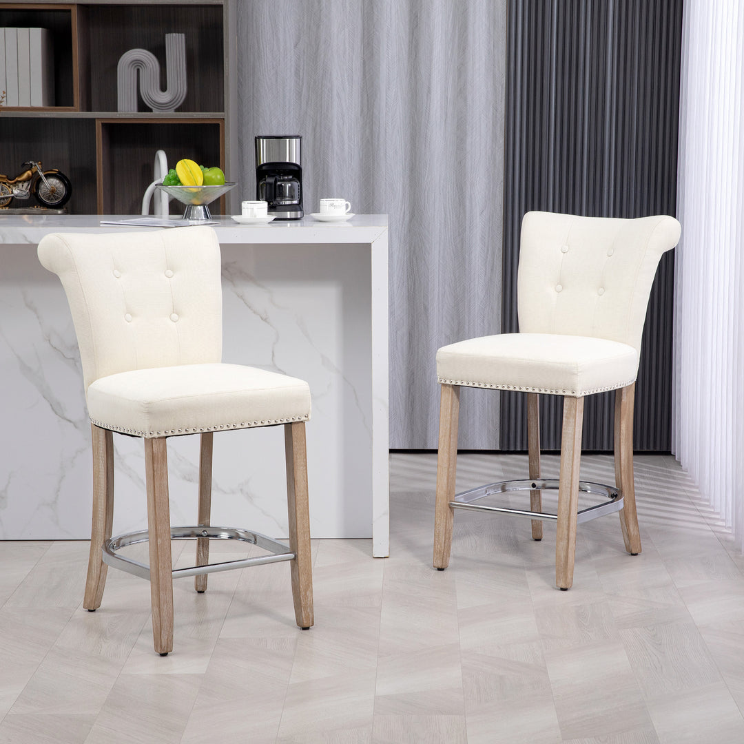 HOMCOM Bar Stools Set of 2, Upholstered Counter Height Stools with Button Tufted Back, Wood Legs and Footrest, Grey