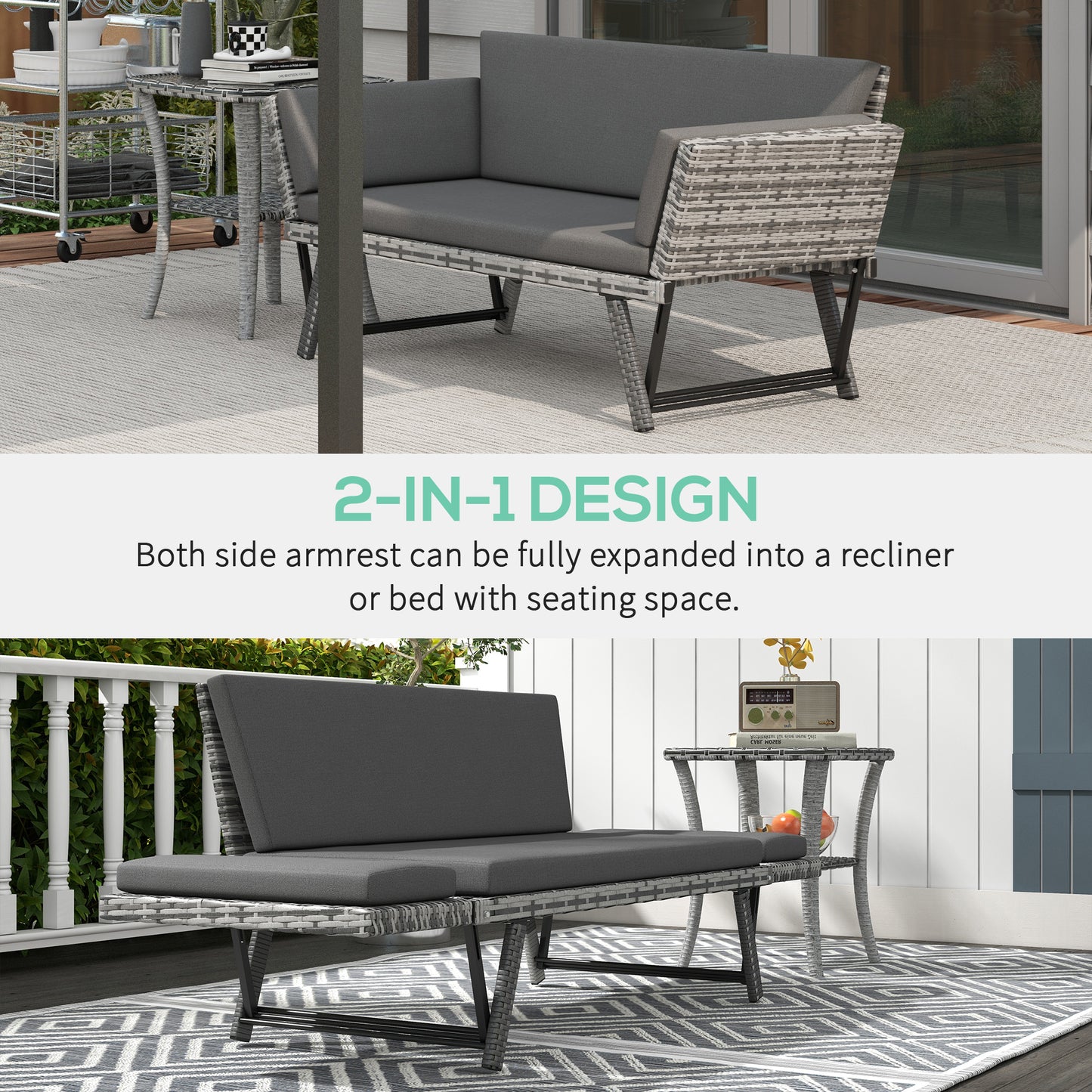 Outsunny Convertible Wicker Loveseat Grey Patio Chaise Lounge